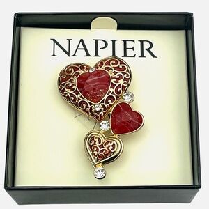Napier Gold tone  and Red Heart Brooch with Crystals